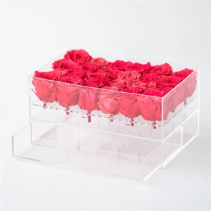 صندوق زهور أكريليك مستطيل شفاف لـ 24 وردة مع الدرج 